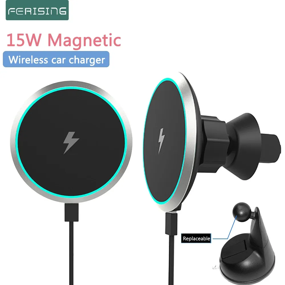 Laddare 15W Magnetic Qi Wireless Car Charger Mount för iPhone 12 Mini Pro Max Mag Safe Fast Charging Wireless Charger Car Phone Holder