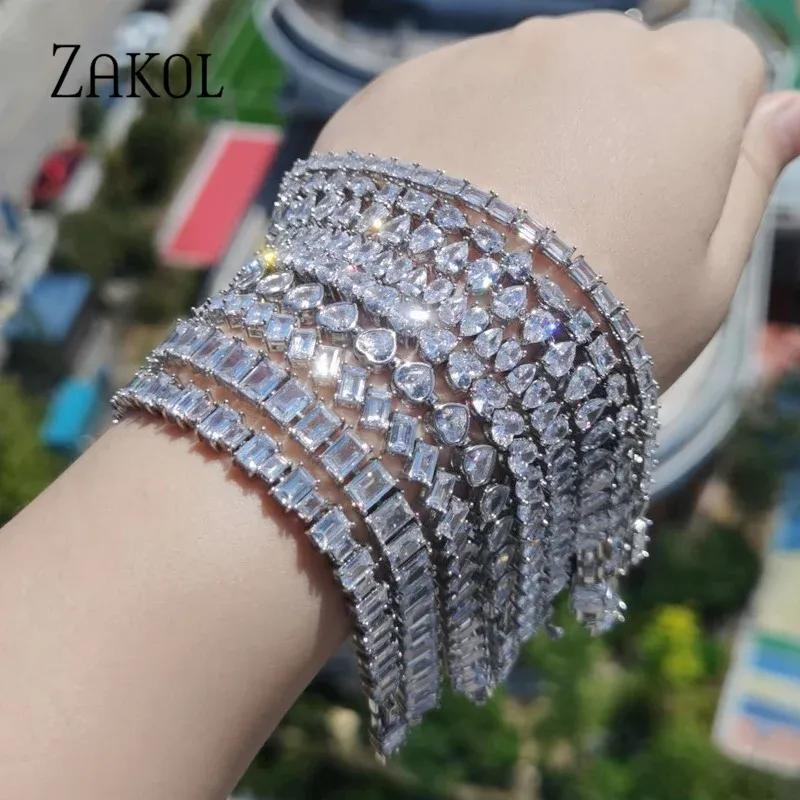 Brins Zakol Korean Style Rectangle Color Zirconia Bracelets en cristal avec chaîne d'extenseurs pour les femmes de luxe de luxe Bijoux BP2279