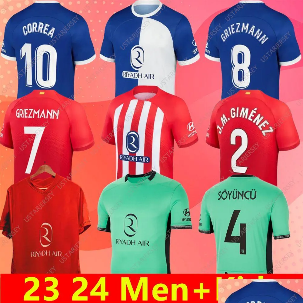 축구 유니폼 멤피스 22 2023 2024 홈 어웨이 M. Llorente Correa Camiseta 축구 셔츠 남자 아이들 Griezmann R. Carrasco de Pa Atletic DHFOV