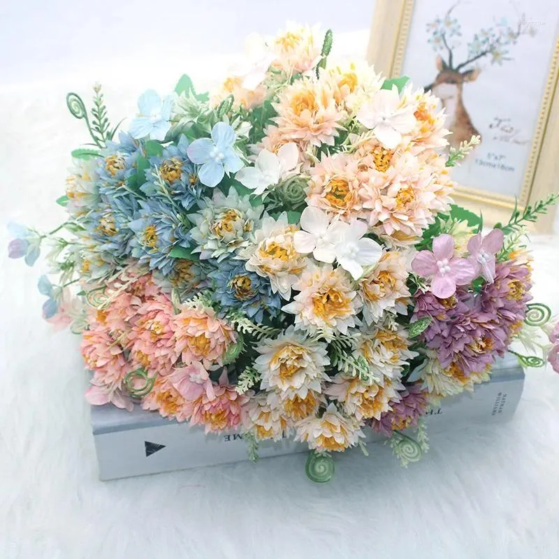 装飾的な花牡丹偽の花10ガーベラ菊の高品質の贅沢ブーケウェディングデコレーションホームテーブルスカイブルーアースター