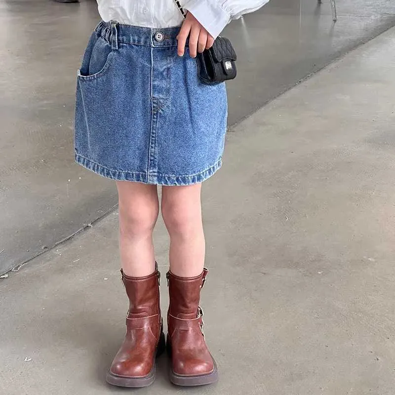 Skirts Summer baby girls solid color denim Hip wrap skirt children casual all-match 2-7Y H240423