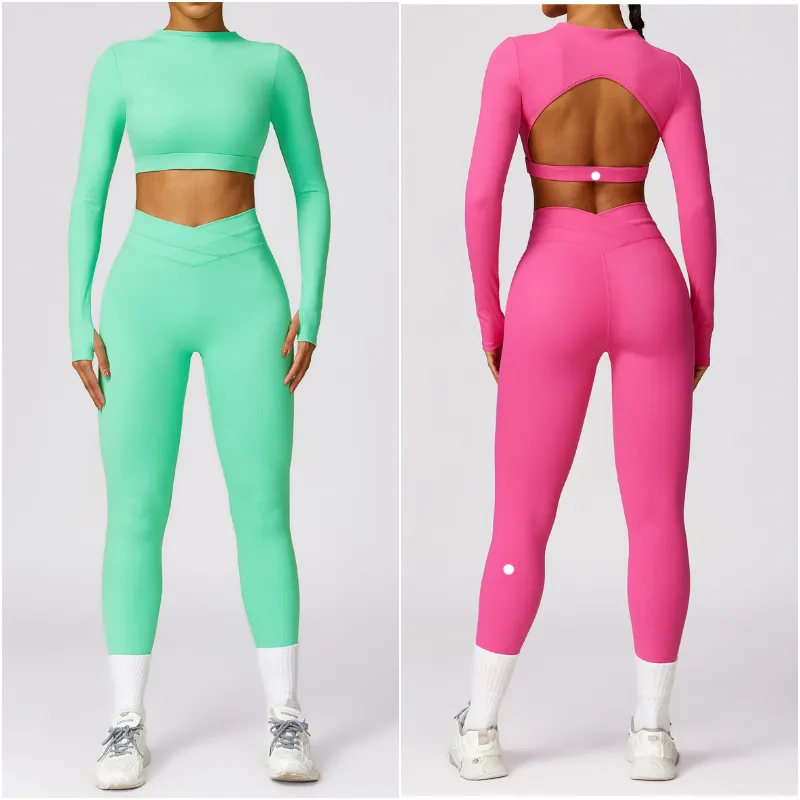 LL8578 Dames Yoga-outfit Twee stukken Sets broek SHIRTS TROURTS SPORT GYM Running Long Pant Long Sleeve Tops Elastische close passende hoge taille sportkleding Pakken