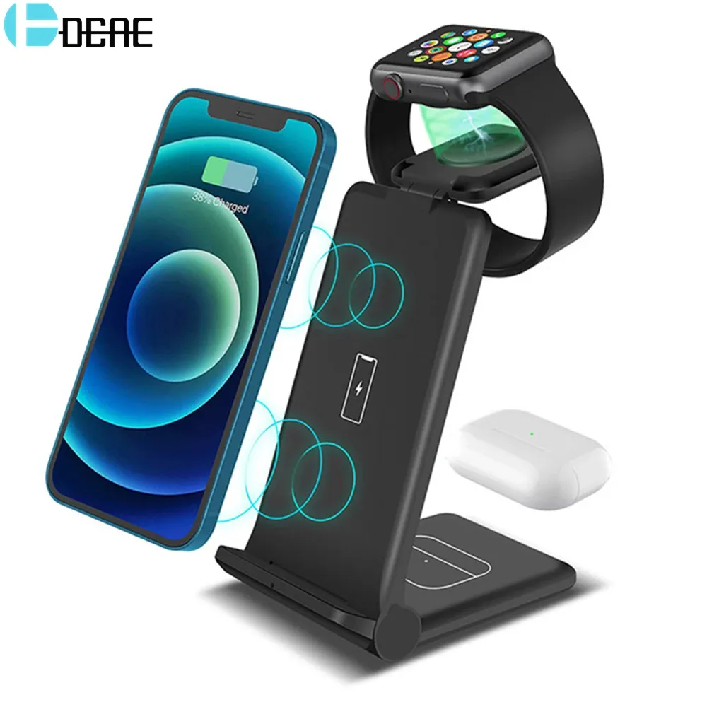 Chargers DCAE 15W Carregador sem fio Fast Charging Dock Station para Apple Watch 8 SE 7 6 5 iPhone 14 13 12 11 XS XR x 8 AirPods 3 Pro Stand