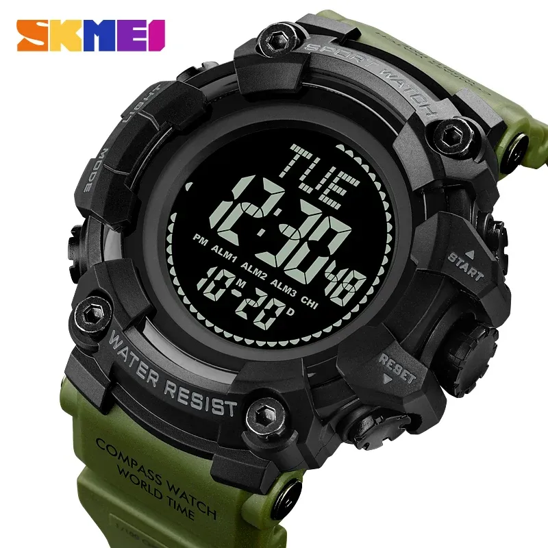 Watches SKMEI Multifunctional World Time Compass Countdown Sport Watches Mens 50M Waterproof Back Light Digital Wristwatch reloj hombre