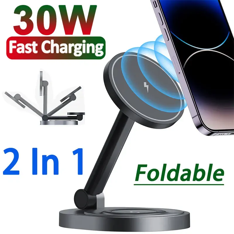 Laddare 30W 2 i 1 magnetiskt trådlöst laddare stativ för iPhone 14 13 12 Pro Max Fast Charging Station för Apple Watch 6 7 SE Airpods Pro