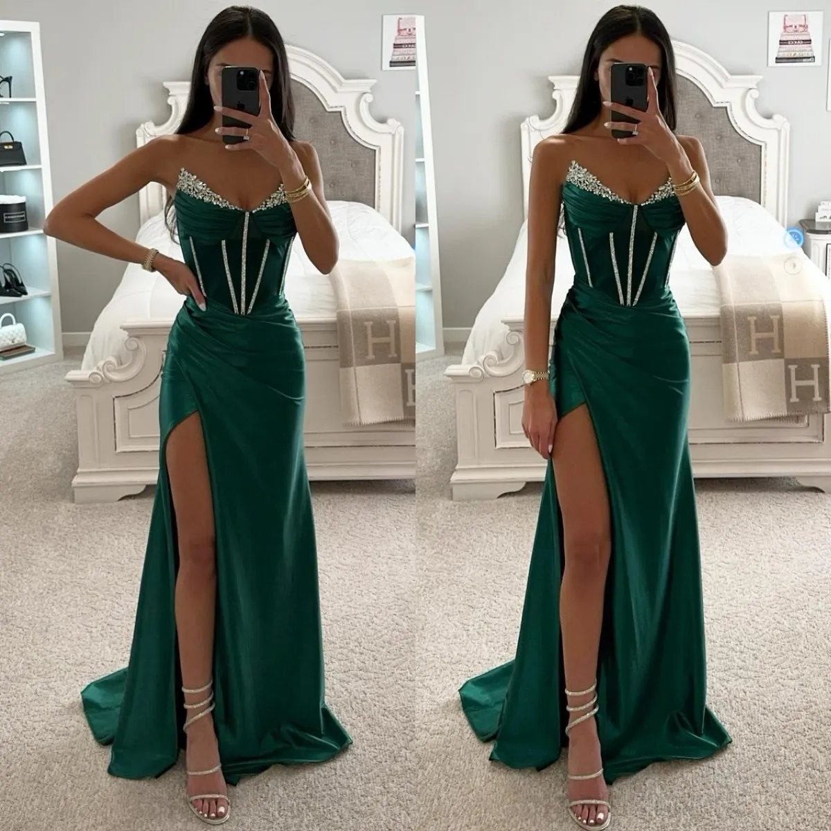 Emerald Green Prom -klänning pärlstav axelfria formella aftonklänningar eleganta veck i midjepartiklar för speciella tillfällen lår split bodice mantel de soiree