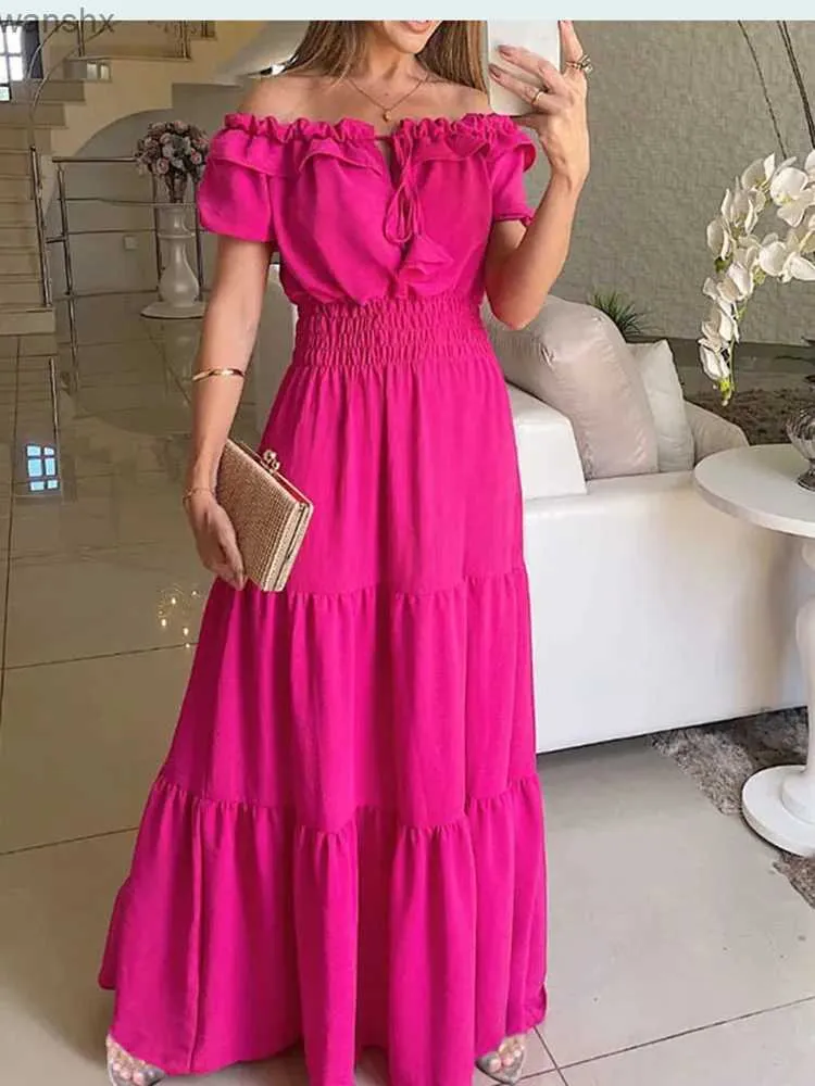 Basis Casual jurken 2024 Zomer Solid Boho -jurk Women Fashion Elegant Beach Party Dress Casual Slash Neck Office Maxi -jurken voor vrouw Robe Femmel2404