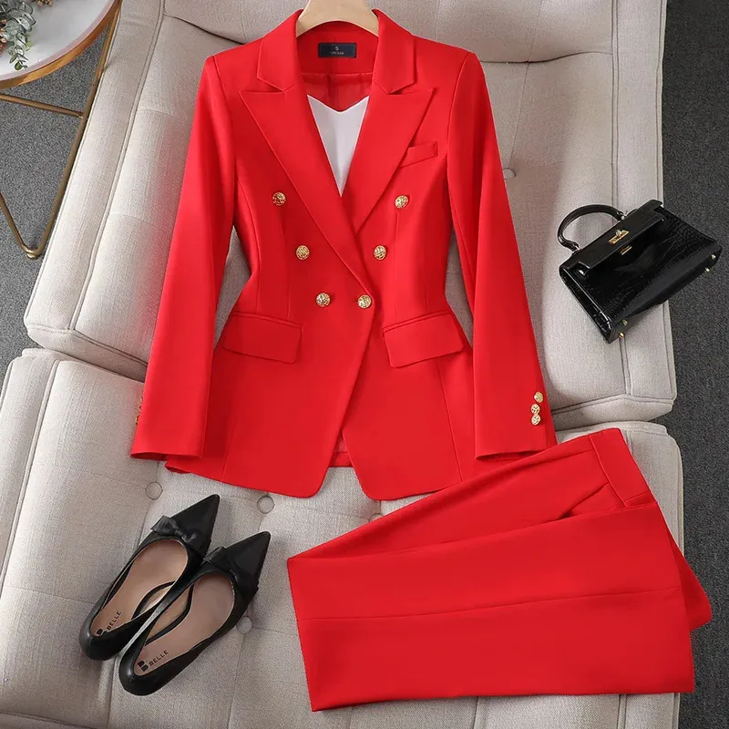 S-4XL Fashion Black Red Pink Blazer Jacket And Pant Suit Women Female Office Ladies Business Work Wear Formal 2 Piece Set 240415