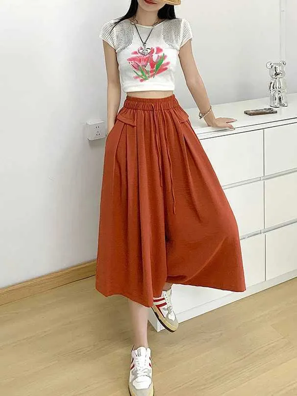 Kvinnors byxor Capris 2024 Autumn PantsKirt Trouser Girl High midja Elegant Offic Wear Baggy Wide Pants for Women Loose Soe Up Ice Silk Capri Pants Y240422