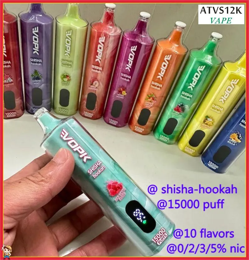 Original Vopk Shisha-Hookah Puff 15K 15000 Puff Disposable Shisha Puff Pen 20 ml Förfylld laddning 600mAh Mesh Coil Display Vape Desechable Puff Chargeble