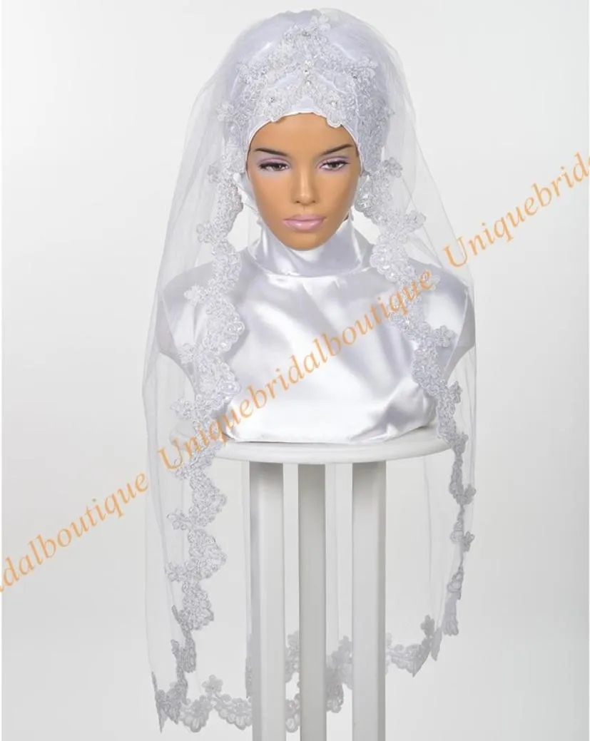 Hijab de noiva de casamento muçulmano 2019 com lantejoulas Apliques de renda de prata Real Pictures Real Comprimento do cotovel