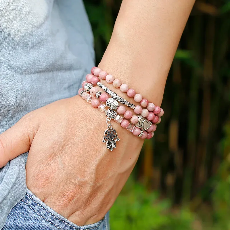 Strängar 6mm naturliga Rhodochrosite Pärlor Strand Armband Women Lotus om Buddha Charm Yoga Armband 108 Mala Necklace Yoga smycken