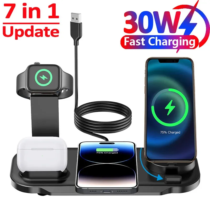 Chargers 7 in 1 30W Rotate Wireless Charger Stand Pad For iPhone Samsung Xiaomi Apple Watch 8 7 6 Airpods Pro Fast Charging Dock Station