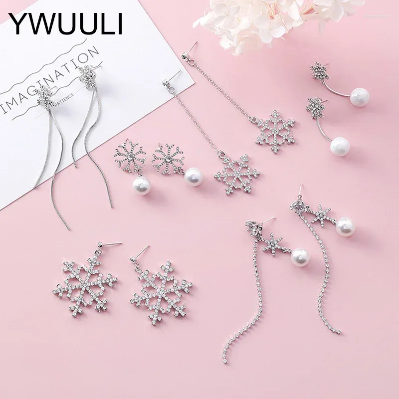 Stud Earrings Elegant Stylish Crystal Snowflake For Women Fashion Long Tassel Imitation Pearls Pendant Drop Ear Jewelry XE19