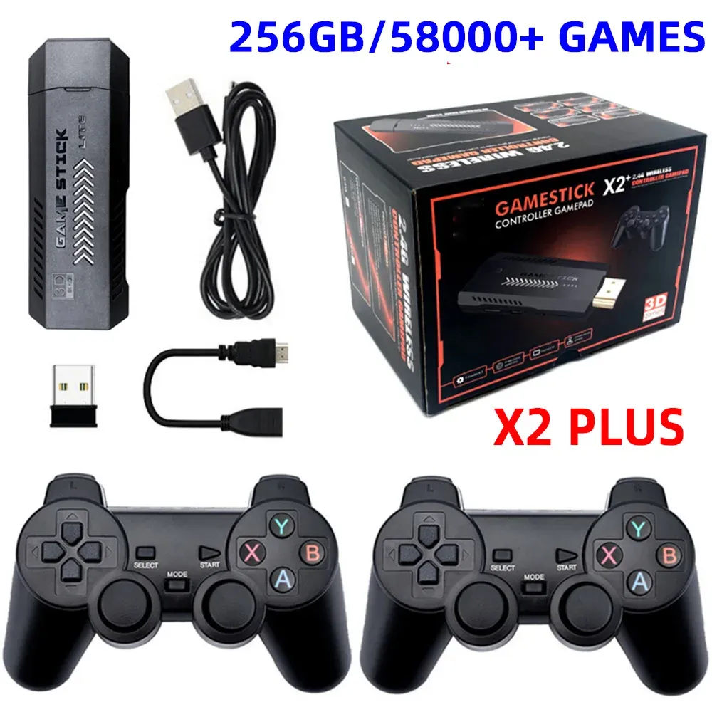 Consoles X2 Plus Video Game Stick 1080p Console 2.4g Double Wireless Controller 58000 Jogos 256 GB Games Retro para PSP PS1 FC Boy Gift