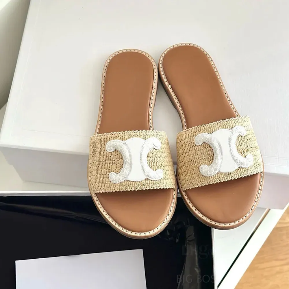 Najwyższej jakości Lympia Flat Slipper Women Raffia Sandals Sandals Plaży Slajdy do kobiet wakacyjnych butów do chodzenia fabrycznego Fabryka 50506333