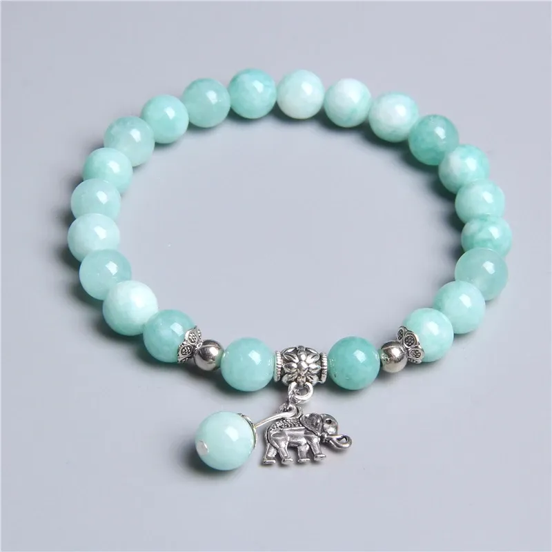 Strängar Kvinna Lucky Blue Amazonite pärlor Metal Elephant Charm Armband för kvinnliga damarmband smycken gåvor dropshipping grossist