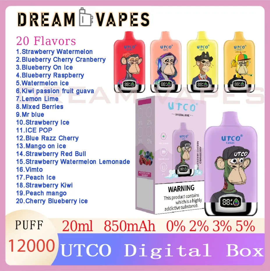 UTCO Digital Box 12000 Puff Disposable Vape 20ml Cigarette E rechargeable E 0% 2% 3% 5% 20 FLAVORS EN STACK VAPPORISTER