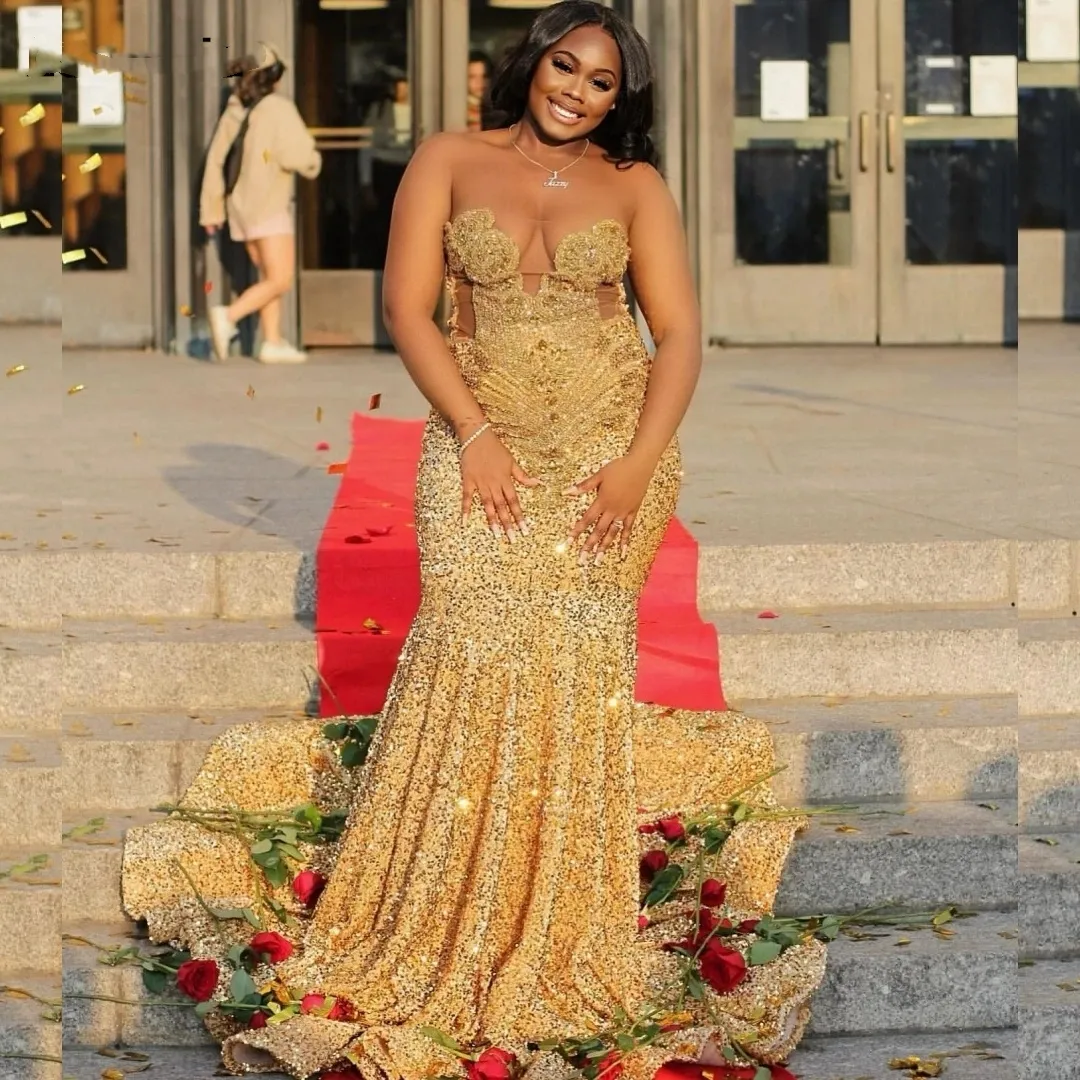 Gold Sequins Mermaid Prom Dress For Black Girls Crystal Rhinestone Beaded Party Gala Gown Robe De Soiree