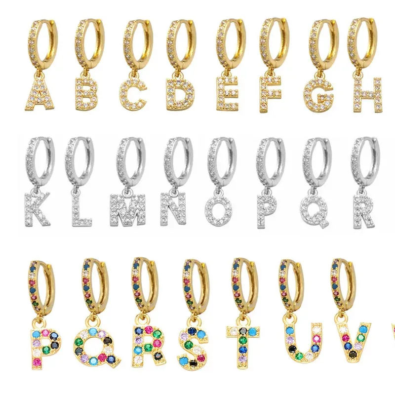 Orecchini QMHJE Lettere iniziali AZ Mini piccoli orecchini a cerchio Donne Oro Colore d'oro Rainbow Crystal Crystal Oretes Aretes Alfabet ABC