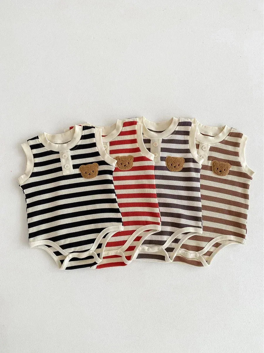 Baby Boy Romper 03Years born Kids Girl Sleeveless ONeck Cartoon Bear Striped Bodysuit OnePieces Outfits Summer Clothes 240416