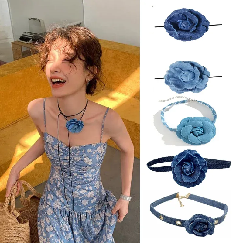 Halsband goth trasa Big Rose Pendant Choker Jean tyg halsband för kvinnor elegant väva knuten bowknot justerbar kedja smycken gåva