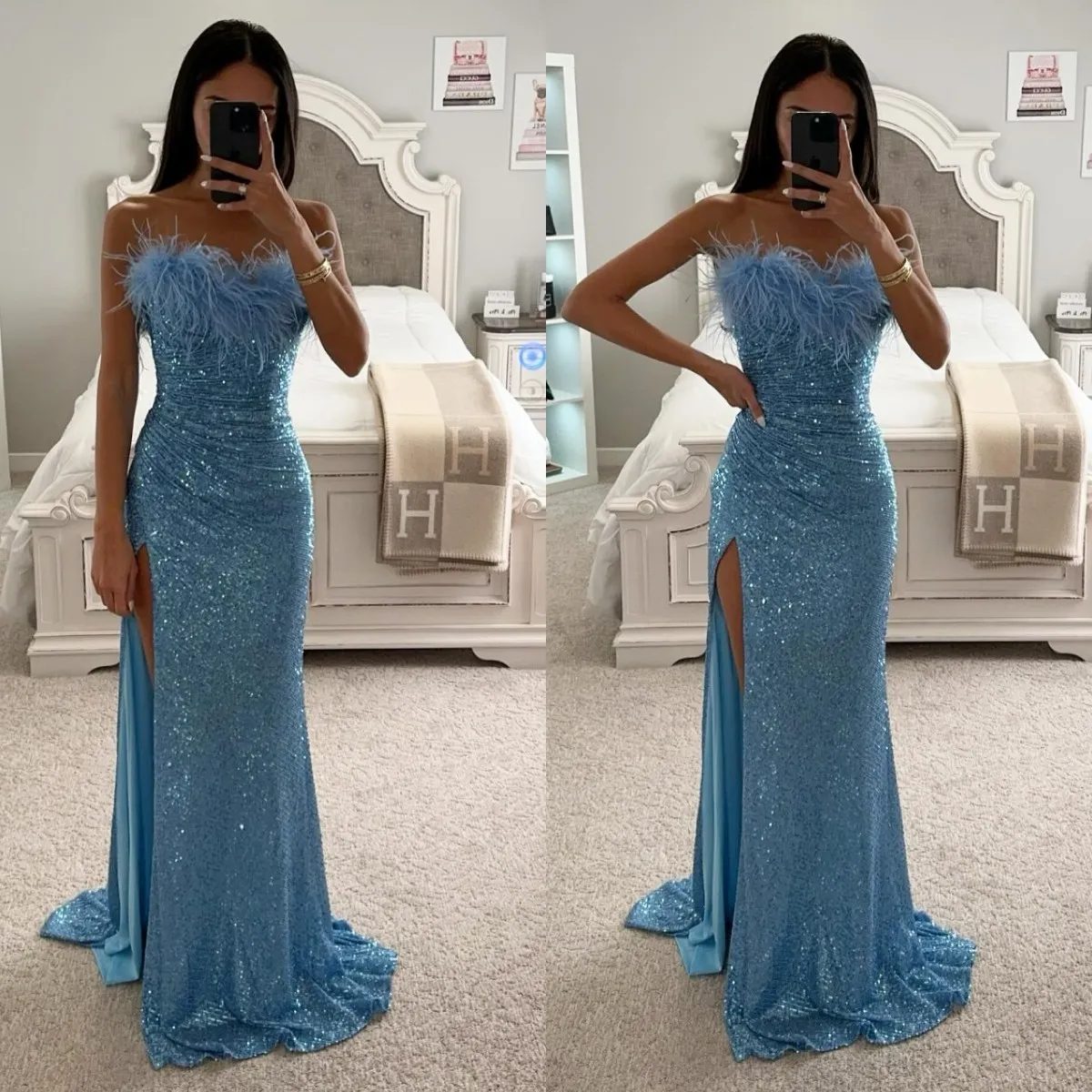 Baby Blue Mermaid Prom Dress paljetter Fjädrar Stropplösa formella aftonklänningar Eleganta rygglösa festklänningar för speciella tillfällen Split Long Robe de Soiree