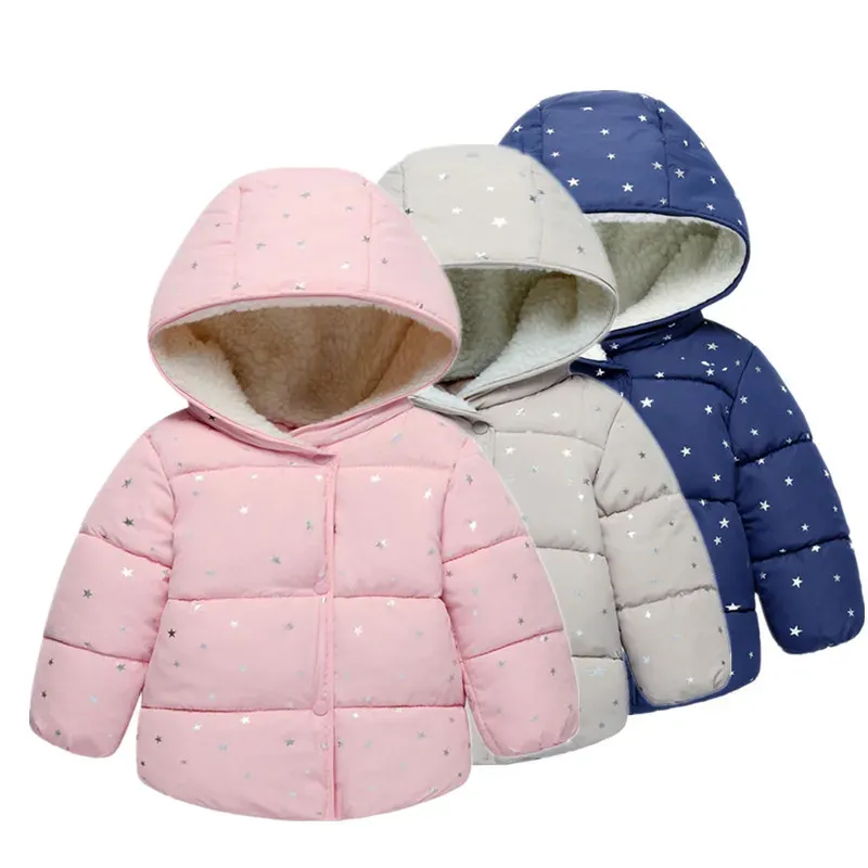 Eldiven kızının kıyafetleri yıldızlar baskılı kapşonlu kız bebek ceketi yeni yıldızlar pamuk sıcak çocuk ceketi çocuk giyim kız bebek ceket