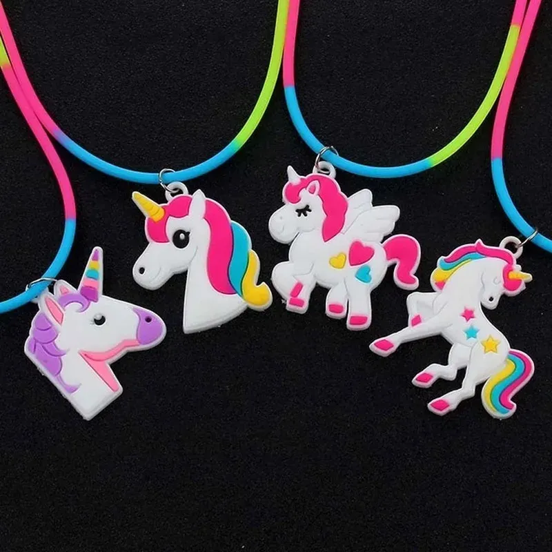 Necklaces 1pcs Best selling children's jewelry PVC Unicorn baby Rainbow Necklace Silicone Collar Cartoon pendant necklace