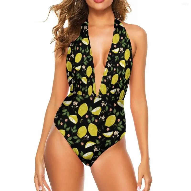 Frauen Badebekleidung Hellfrüchte Fruchtdrucken Badeanzug Blumen und Zitronenschub sexy ein Stück gegen Nackenbadanzug eleganter Strand Verschleiß Plus Size