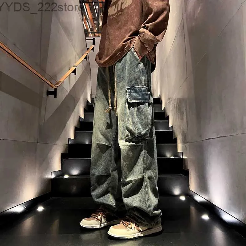 Women's Jeans Washed Distressed Cargo Pants Street Mens Jeans Side Pockets Denim Wide Leg Trousers Casual Loose Trousers yq240423
