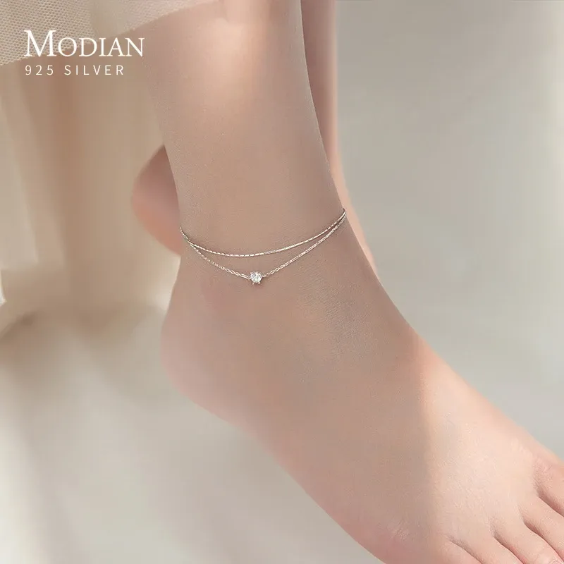 Stränge modian Silber Einfache Doppelschicht -Fußkettchen für Frauen Sommer Trendy 925 Sterling Silber Foot Jewelry Fashion Style Beinarmband
