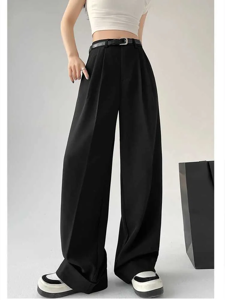 Women's Jeans Womens Flipped Suit Wide Leg Black Pants Fashion Commuter Office Girl Temperament Female High Waisted Straight Thin Trousers Y240422