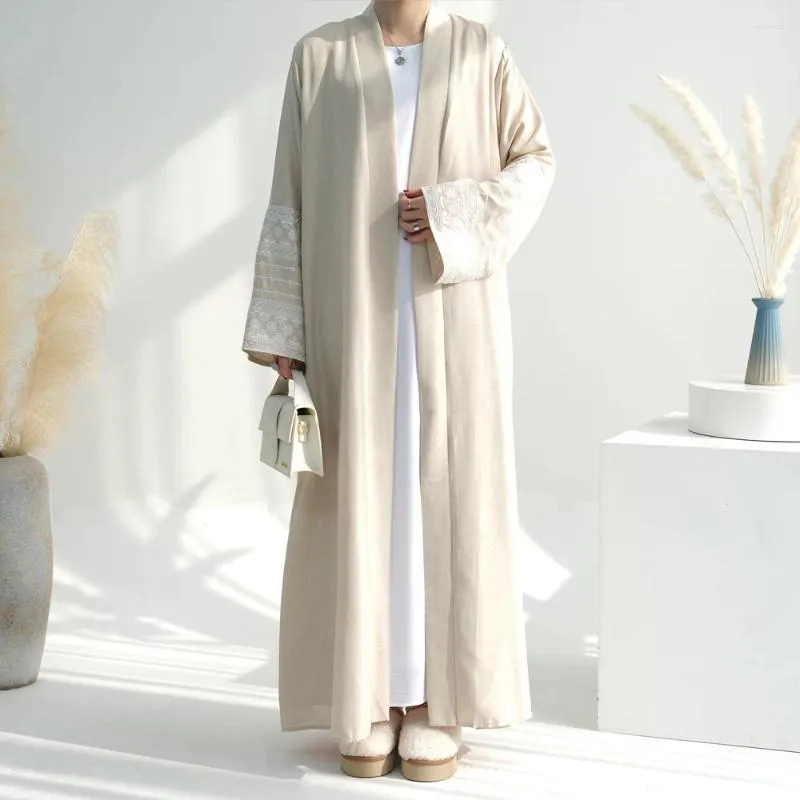 Abbigliamento etnico ricami bianchi dubai abaya tessuto sottile frontale aperto kimono donne musulmane da sera islamica festa hijabi outwear Ramadan