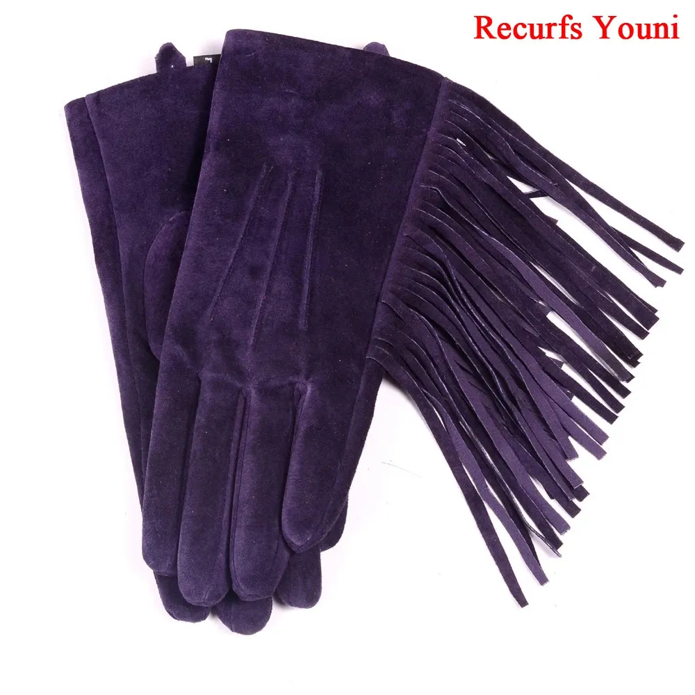 Premium Suede Leather Gloves Women's Winter Warm Velvet Tassel Short
