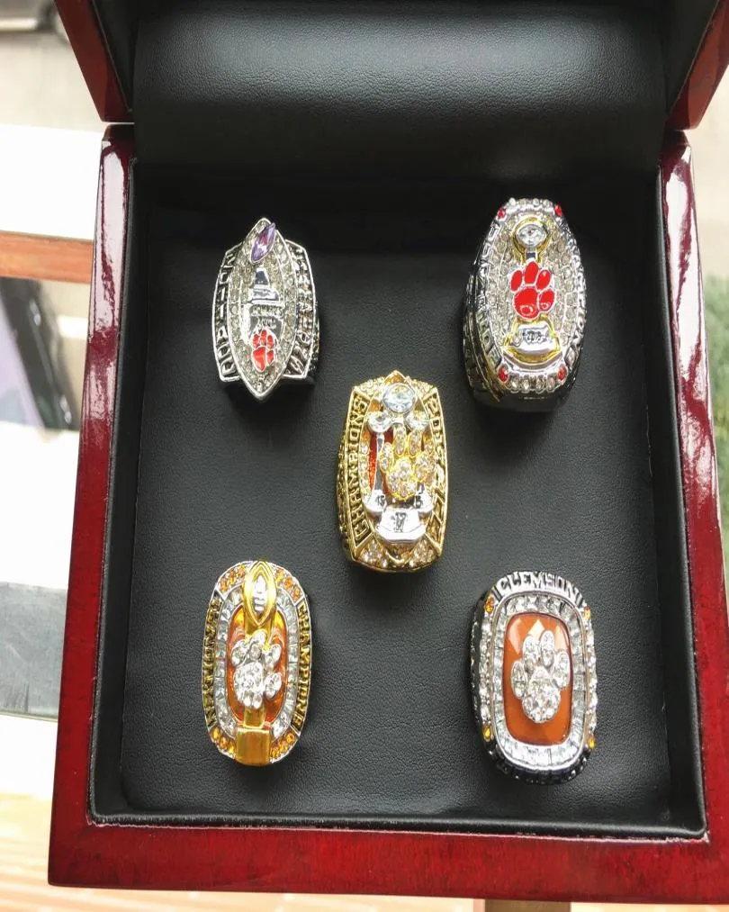 5 datorer Clemson Tigers National Ring Set With Wood Display Box Solid Men Fan Brithday Gift hela droppen 4058787