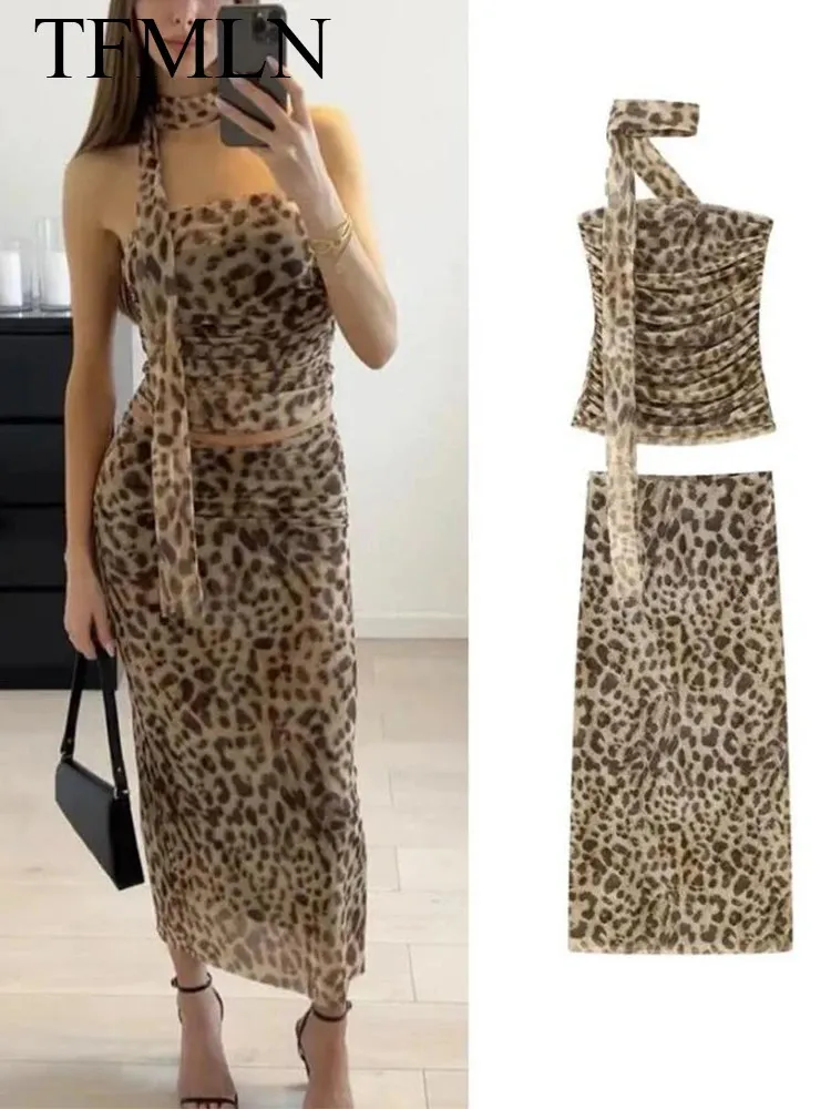 Tfmln vrouwen sexy 2 -delige lange roksets strapless luipaard print tops hoge taille rokken zomer mode mesh clubkleding 2024 240418