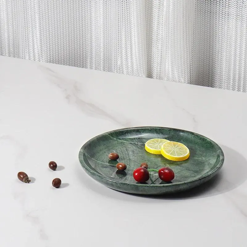 Dekorativa figurer Lätt lyxig naturlig marmor Green Stone Round Fruit Plate Table Top Storage Wedding Party Dessert Snack Tray