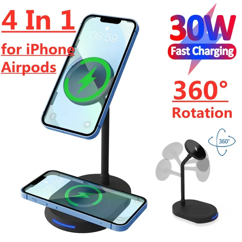 Laddare 30W Magnetic Wireless Charger Stand Pad för MacSafe iPhone 12 13 Pro Max Mini AirPods Induktion Fast Charging Docking Station