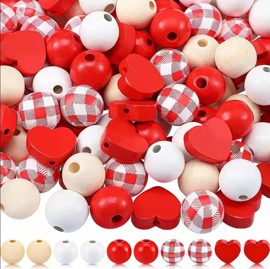 Strands Valentine's Day Red Plaid Wooden Beads Round Heart Spacer Bead for DIY Custom Valentine's day Decor Bracelets Accessories