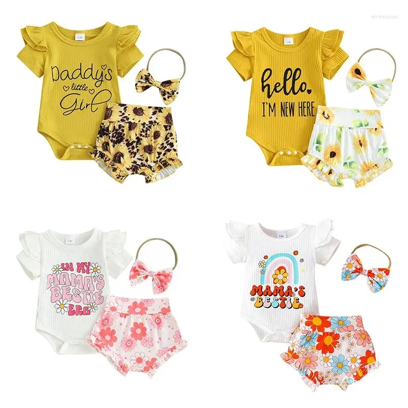 Vêtements Ensembles de vêtements de bébé nés en été Né des vêtements imprimés Ruffles Bodys à manches courtes Bodys Floral High Shorts Bolds Bandle