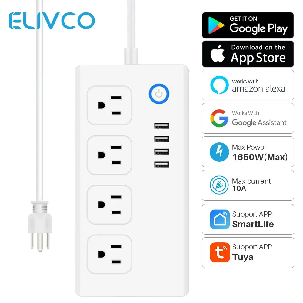Plugs Tuya WiFi Smart Power Strip 10a US 4 Socket 4 USB Charging Ports Vopt Control SmartLife application Fonctionne avec Alexa Google Assistant