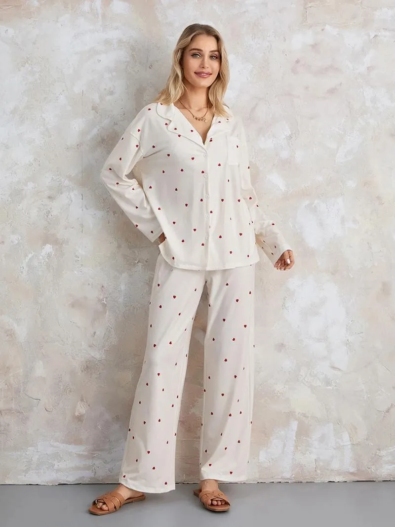 Women's Sleepwear Women Fruit Printing Pajamas Lounge Set Y2K Floral 2 Piece Casual Outfits Long Sleeve Button Down Shirt Wide Leg Pants