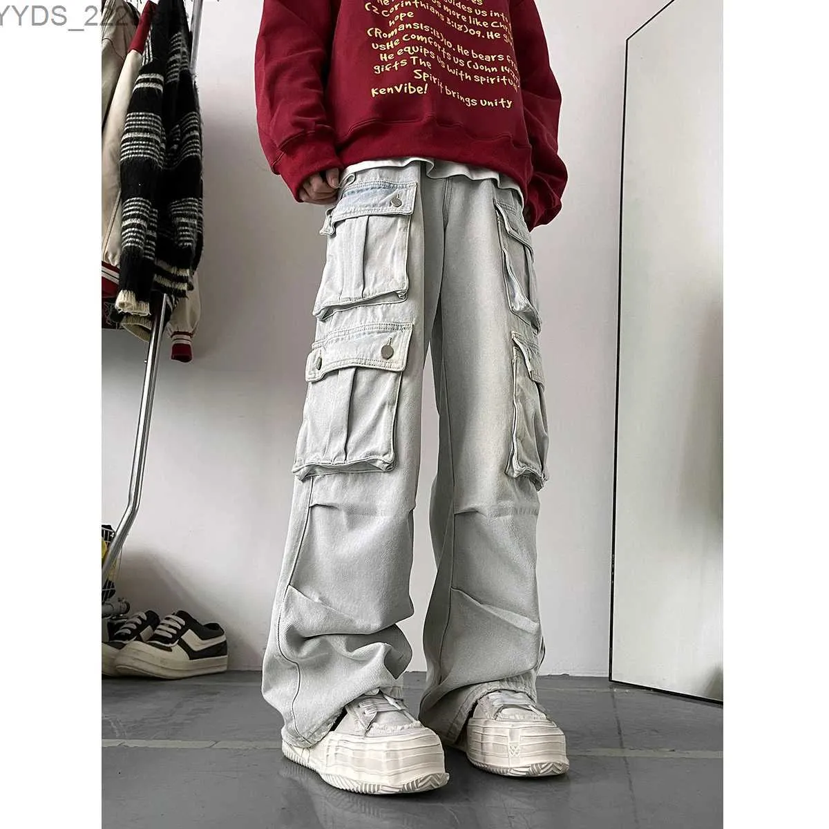 Dżinsy damskie jasnoniebieskie dżinsy dżinsy męskie Patchwork Prosto Casual Mens Multi Pocket Hip-Hop Street Clothing Lose i modne spodnie YQ240423