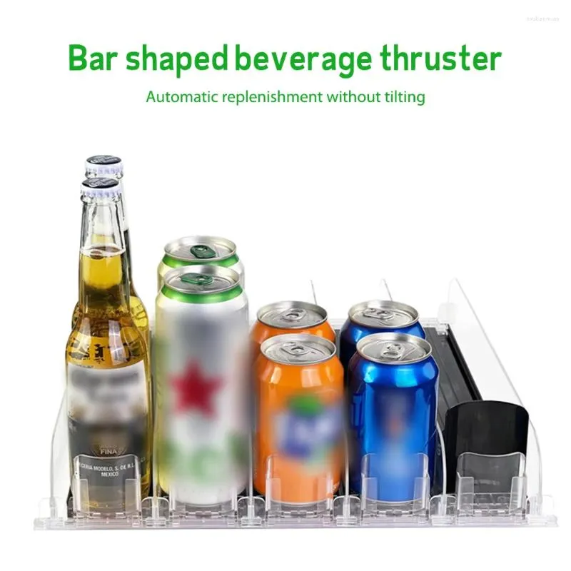 Kök Storage Drink Organizer Dispenser Spring Push Beverage Rack Justerbar bredd Auto Beer Pusher Holder E-formad glid för kylskåp