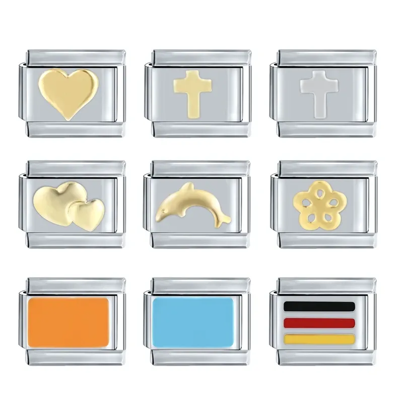 Stränge Herzkreuz Delphin Quadratperlen Italienisch Charm Links 9mm Edelstahl Armband Schmuck DIY MACHEN GROSSELE