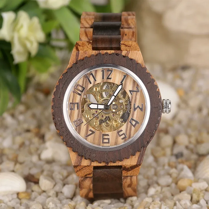 Montre les montres décontractées militaire Big Mens Wooden Montres mécaniques de grain de bois automatique Autoche pour hommes GRAND CADEAU