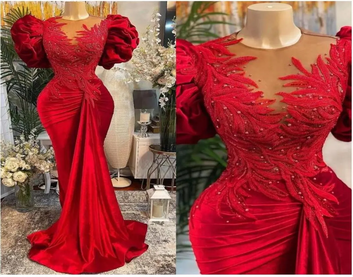 2022 Plus Size Arabic Aso Ebi Red Mermaid Lace Prom Dresses Beaded Sheer Neck Velvet Evening Formal Party Second Reception Gowns D7789483