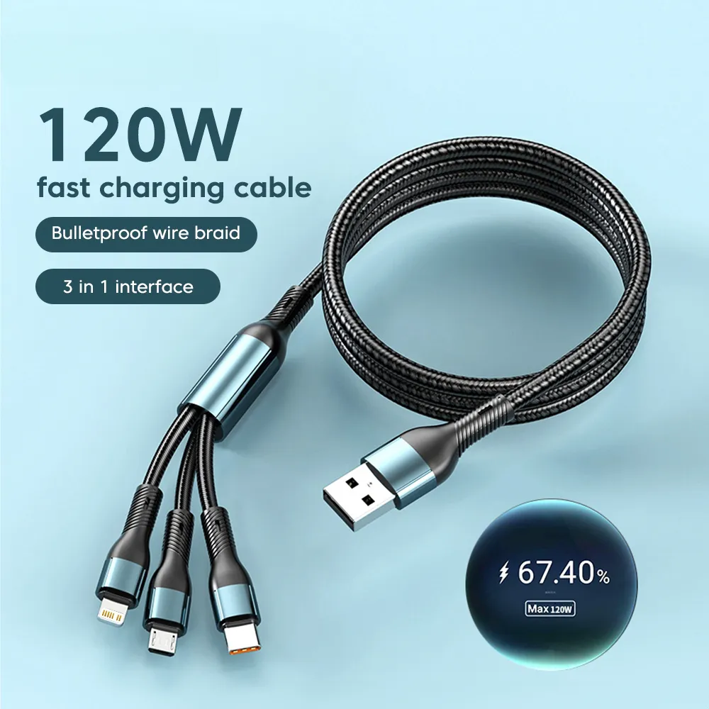 1.2M/2M 3in1 Fast Charging Cable 120W USB Type C Mirco Cable Phone Charge Cord For iPhone 14 13 12 Pro Max ipad Samsung Xiaomi Tablet