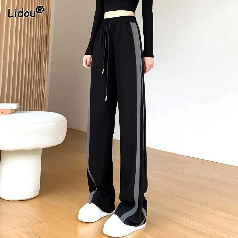 Women's Jeans 2023 Spring and Summer Korean Edition Fashion Youth Vitality High Waist Slimming Stripe Casual Sports Oversized Wide Leg Pants Y240422